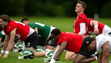 Jul 30, 2026; Florham Park, NJ, USA; New York Jets quarterback Geno Smith (7) warms up during training camp at Atlantic Health Jets Training Center. Mandatory C…