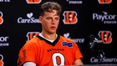 Jul 29, 2026; Cincinnati, OH, USA; Cincinnati Bengals quarterback Joe Burrow (9) talks during a press conference at the end of training camp at Kettering Health…