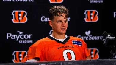Jul 29, 2026; Cincinnati, OH, USA; Cincinnati Bengals quarterback Joe Burrow (9) talks during a press conference at the end of training camp at Kettering Health…