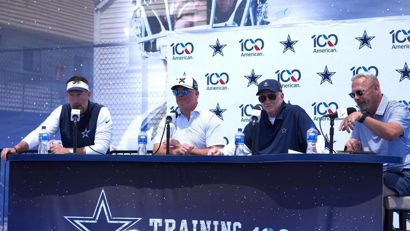 Jul 28, 2026; Oxnard, CA, USA; From left: Dallas Cowboys coach Brian Schottenheimer, executive vice president Stephen Jones, owner Jerry Jones and vice presiden…