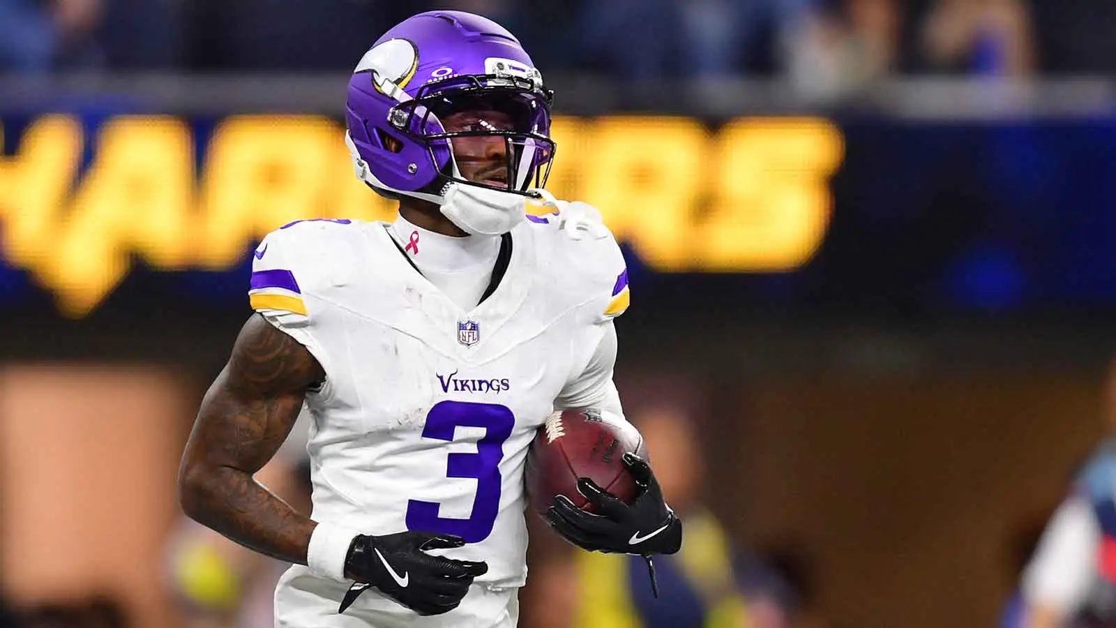 Oct 23, 2025; Inglewood, California, USA; Minnesota Vikings wide receiver Jordan Addison (3) reacts after making a touchdown during the second half at SoFi Stad…