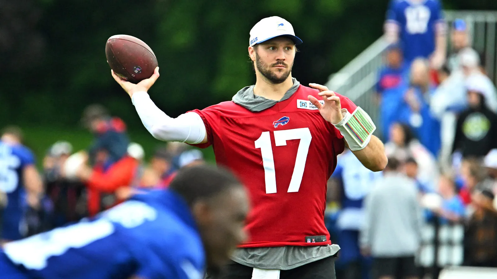 Jul 29, 2026; Rochester, NY, USA; Buffalo Bills quarterback Josh Allen (17) throws a pass during a training camp session at St. John Fisher University. Mandator…