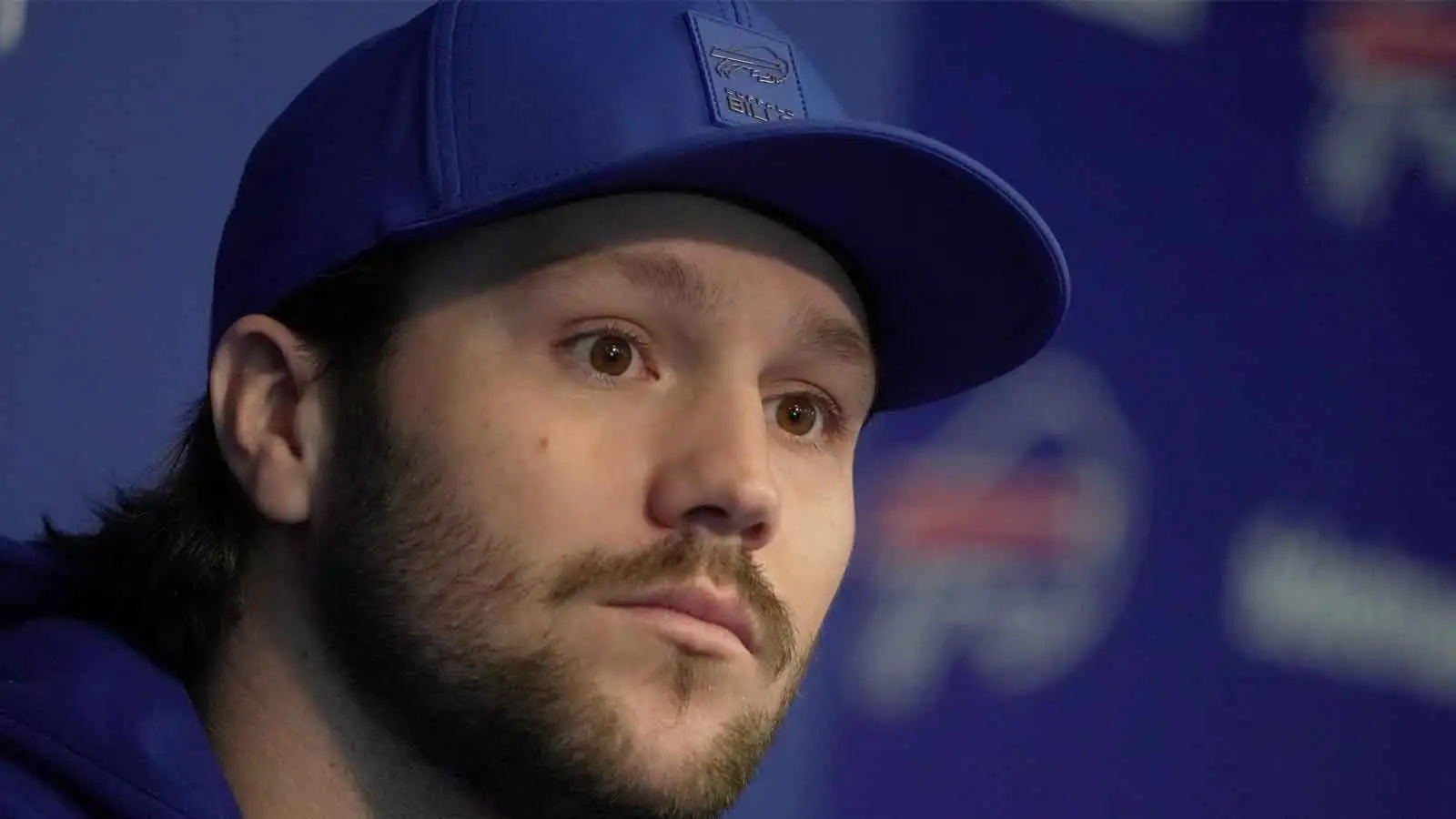 Bills quarterback Josh Allen answers a range of questions after the press conference introducing Joe Brady as the new head coach at the Bills field house in Orc…