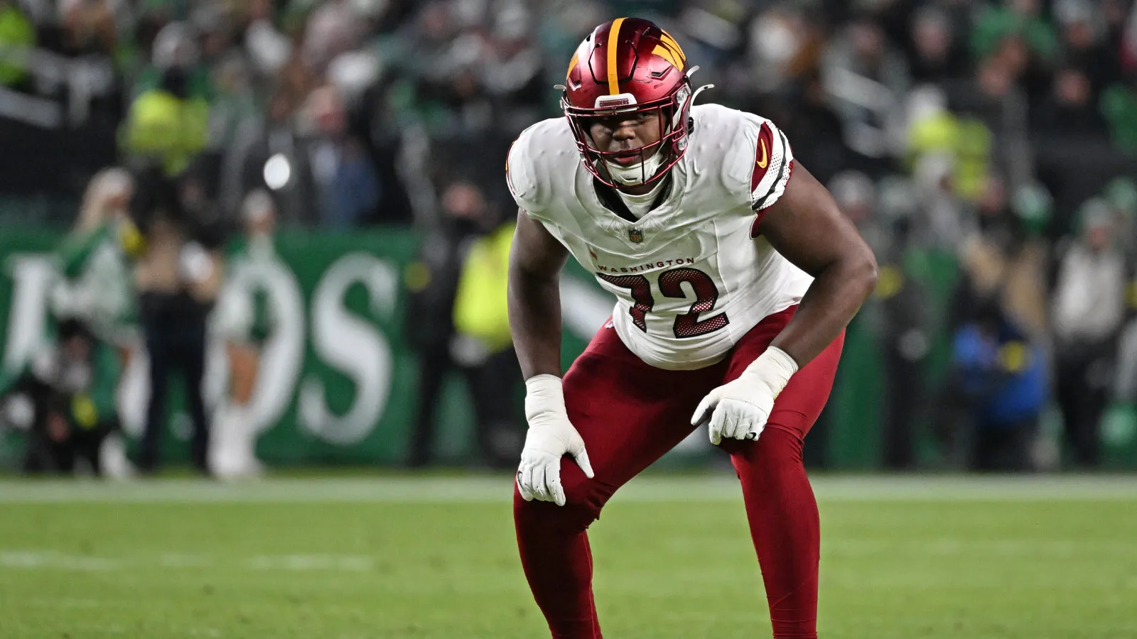 Jan 4, 2026; Philadelphia, Pennsylvania, USA; Washington Commanders offensive tackle Josh Conerly Jr. (72) prepares to block against the Philadelphia Eagles at…