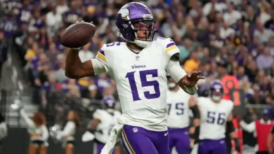 Dec 10, 2023; Paradise, Nevada, USA; Minnesota Vikings quarterback Joshua Dobbs (15) throws the ball against the Las Vegas Raiders in the first half at Allegian…
