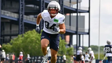 Jul 28, 2026; Foxborough, MA, USA; New England Patriots tight end Tanner Arkin (84) dose a drill during training camp at Gillette Stadium. Mandatory Credit: Eri…