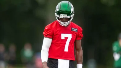 Jul 30, 2026; Florham Park, NJ, USA; New York Jets quarterback Geno Smith (7) during training camp at Atlantic Health Jets Training Center. Mandatory Credit: Jo…