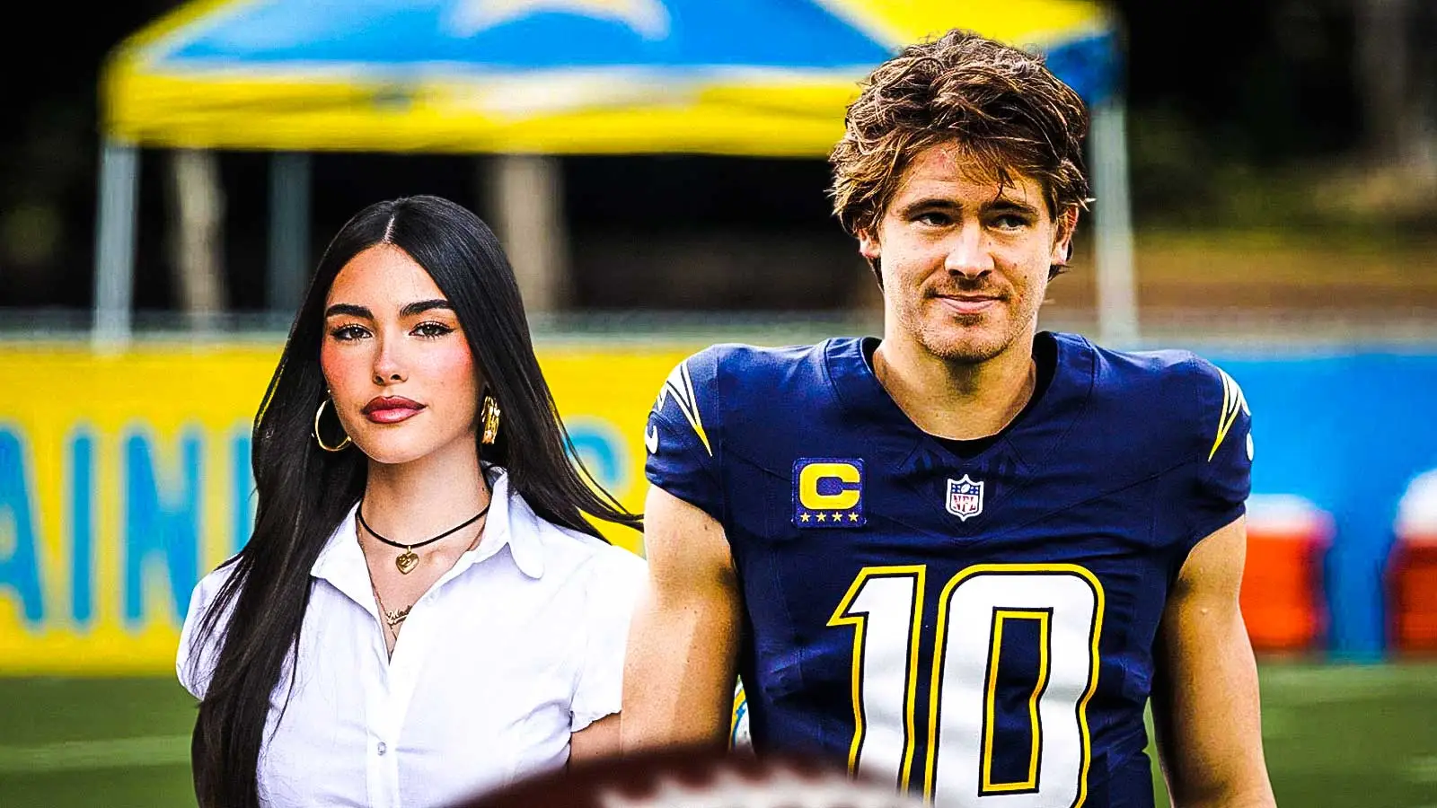 Los Angeles Chargers quarterback Justin Herbert (left) and girlfriend Madison Beer attend the game between the Minnesota Timberwolves and the Los Angeles Lakers…
