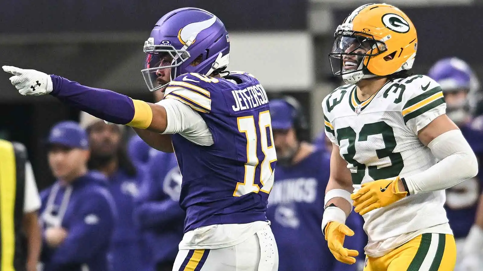 Jan 4, 2026; Minneapolis, Minnesota, USA; Minnesota Vikings wide receiver Justin Jefferson (18) celebrates after a play in front of Green Bay Packers safety Eva…