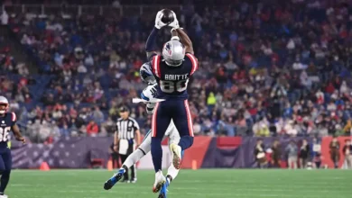 August 8, 2024; Foxborough, MA, USA; New England Patriots wide receiver Kayshon Boutte (80) makes a catch for a first down during the first half against the Car…