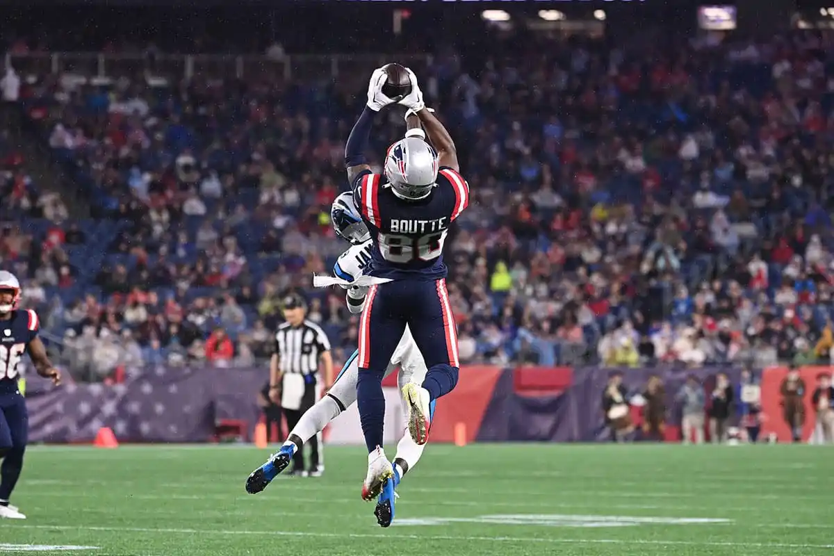 August 8, 2024; Foxborough, MA, USA; New England Patriots wide receiver Kayshon Boutte (80) makes a catch for a first down during the first half against the Car…