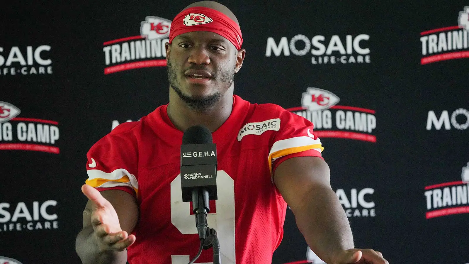 Jul 29, 2026; St. Joseph, MO, USA; Kansas City Chiefs running back Kenneth Walker (9) speaks to media after training camp at Missouri Western State University.…