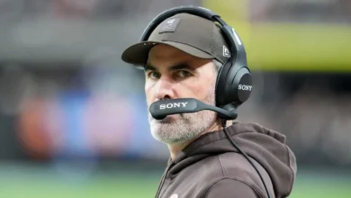 Cleveland Browns head coach Kevin Stefanski looks on in the first half against the Las Vegas Raiders at Allegiant Stadium. Mandatory Credit: Stephen R. Sylvanie…