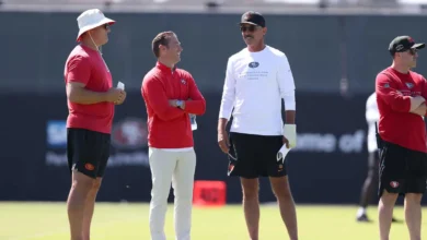 Aug 3, 2026; San Francisco, CA, USA; San Francisco 49ers head coach Kyle Shanahan during training camp at Levi's Stadium. Mandatory Credit: Sergio Estrada-Imagn…