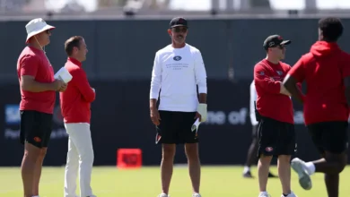 Aug 3, 2026; San Francisco, CA, USA; San Francisco 49ers head coach Kyle Shanahan during training camp at Levi's Stadium. Mandatory Credit: Sergio Estrada-Imagn…