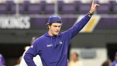 Jan 4, 2026; Minneapolis, Minnesota, USA; Minnesota Vikings quarterback J.J. McCarthy (9) warms up prior to the game against the Green Bay Packers at U.S. Bank…