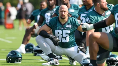 Jul 29, 2026; Philadelphia, PA, USA; Philadelphia Eagles tackle Lane Johnson (65) stretches during training camp at Jefferson Health Training Complex. Mandatory…