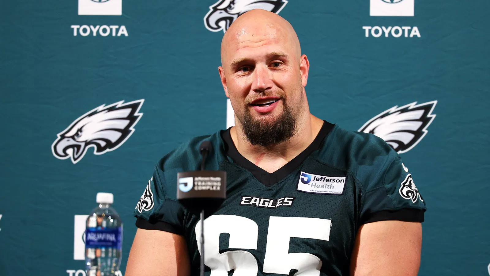 Jun 9, 2026; Philadelphia, PA, USA; Philadelphia Eagles offensive tackle Lane Johnson (65) speaks with the media at Jefferson Health Training Complex. Mandatory…