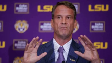 Dec 1, 2025; Baton Rouge, LA, USA; LSU new head coach Lane Kiffin speaks at South Stadium Club at Tiger Stadium. Mandatory Credit: Matthew Hinton-Imagn Images