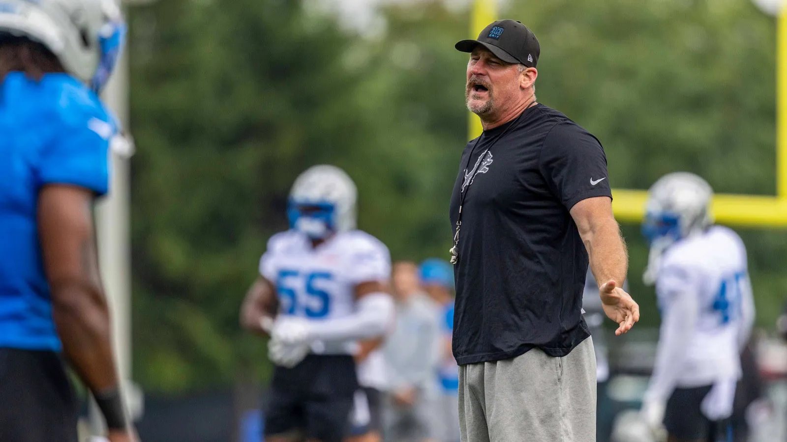 Aug 2, 2026; Allen Park, MI, USA; Detroit Lions head coach Dan Campbell talks to his team during Detroit Lions training camp at Meijer Performance Center. Manda…