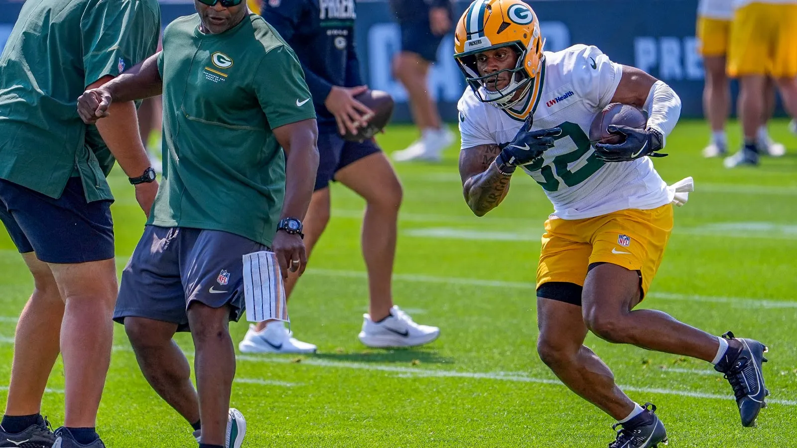 Green Bay Packers running back MarShawn Lloyd (32) runs through a drill during the second day of training camp Thursday, July 30, 2026, at the Don Hutson Center…