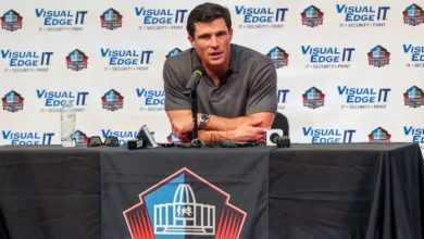 Aug 6, 2026; Canton, Ohio, USA; 2026 Professional Football Hall of Fame enshrinee former Carolina Panthers linebacker Luke Kuechly speaks at a press conference…