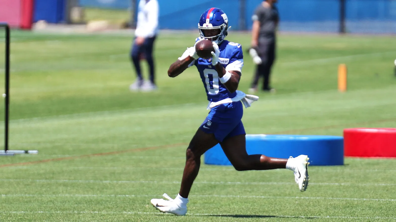 Jun 9, 2026; East Rutherford, NJ, USA; New York Giants wide receiver Malachi Fields (0) participates in drills during the minicamp activities at Quest Diagnosti…