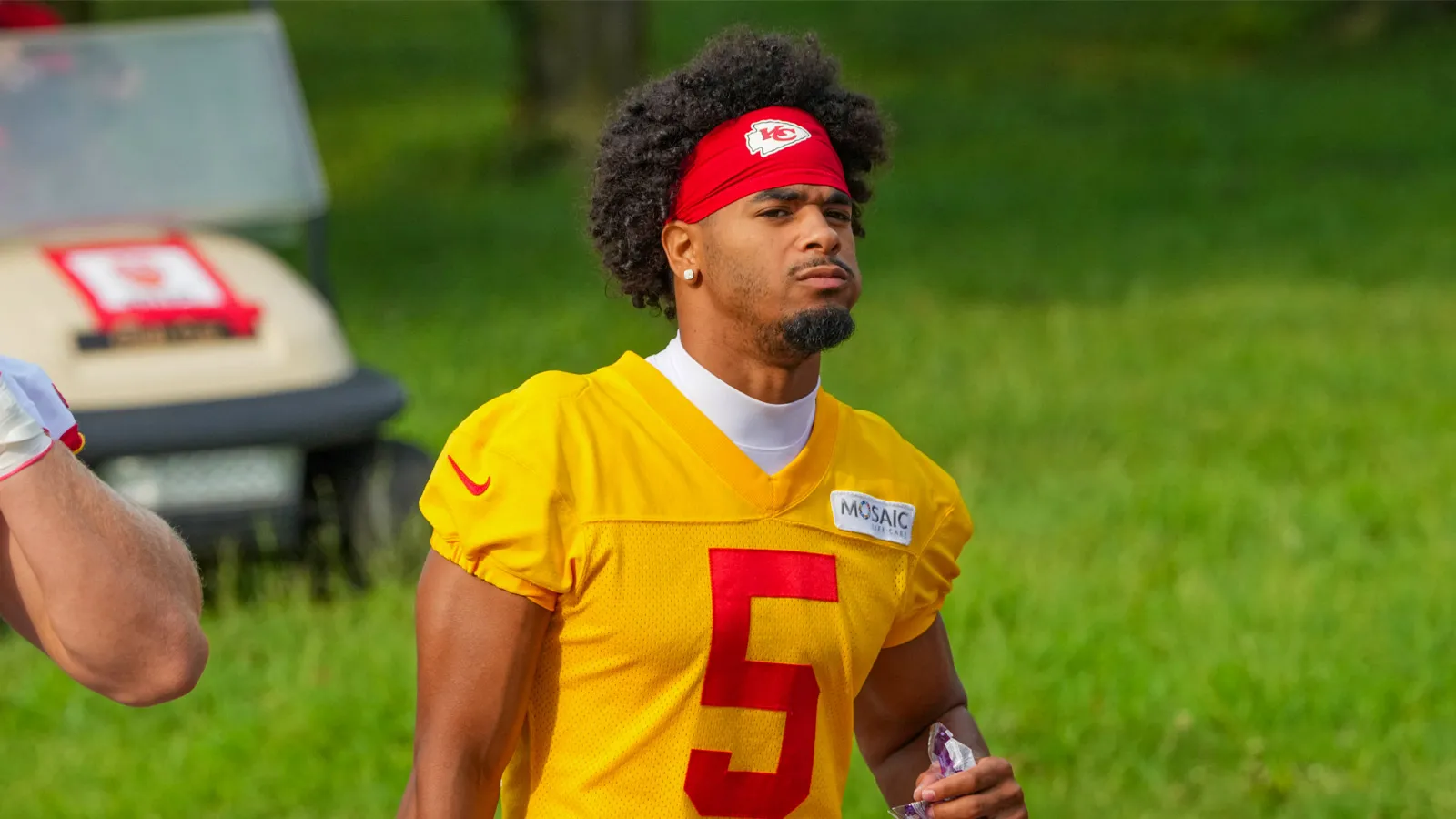 Jul 29, 2026; St. Joseph, MO, USA; Kansas City Chiefs cornerback Mansoor Delane (5) walks down the hill to the fields prior to training camp at Missouri Western…