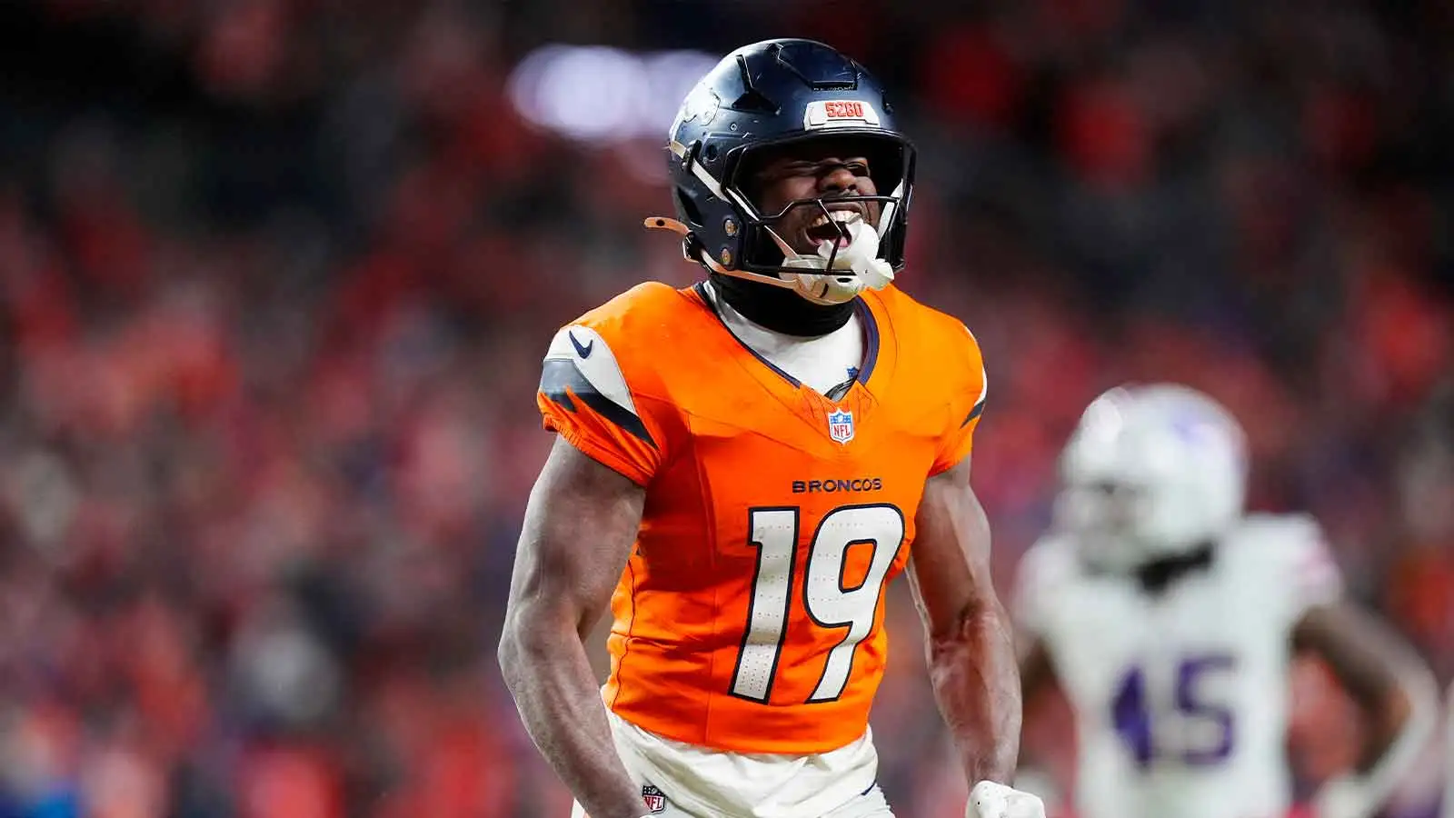Jan 17, 2026; Denver, CO, USA; Denver Broncos wide receiver Marvin Mims Jr. (19) reacts after a play during overtime of an AFC Divisional Round playoff game aga…