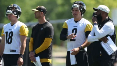 Jul 30, 2026; Latrobe, PA, USA; Pittsburgh Steelers quarterback Will Howard (18) and quarterback Mason Rudolph (2) participate in training camp drills at Saint…