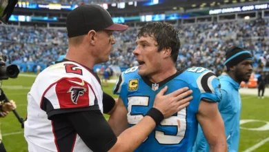 Nov 5, 2017; Charlotte, NC, USA; Atlanta Falcons quarterback Matt Ryan (2) with Carolina Panthers middle linebacker Luke Kuechly (59) after the game. The Panthe…