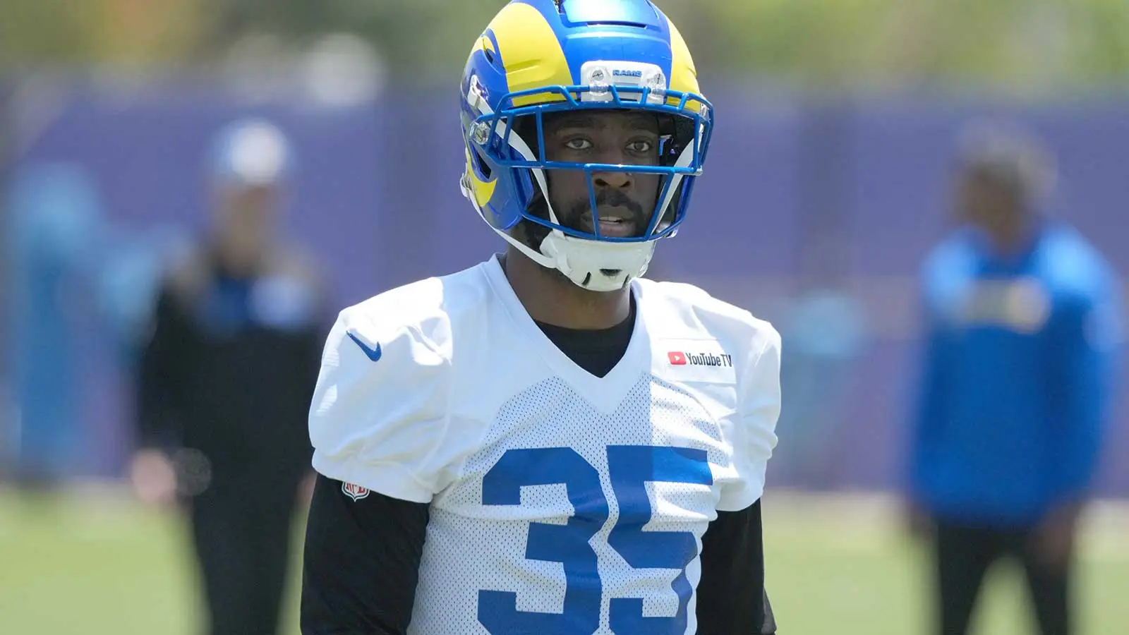 Jun 2, 2026; Woodland Hills, CA, USA; Los Angeles Rams cornerback Jaylen Watson (35) during organized team activities at Rams Practice Facility. Mandatory Credi…
