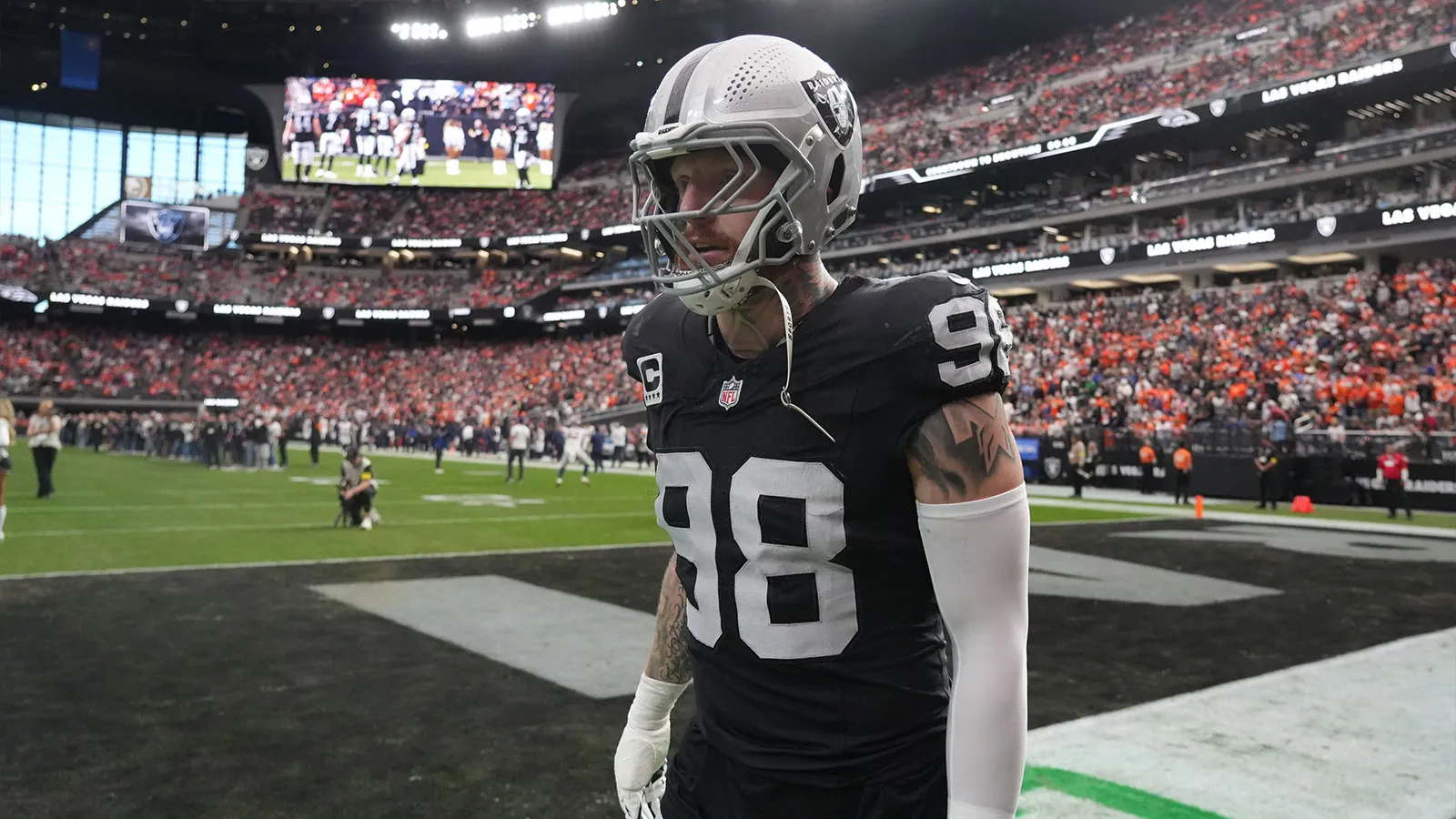 Dec 7, 2025; Paradise, Nevada, USA; Las Vegas Raiders defensive end Maxx Crosby (98) on the field prior to a game against the Denver Broncos at Allegiant Stadiu…