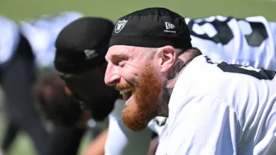 May 28, 2026; Henderson, NV, USA; Las Vegas Raiders defensive end Maxx Crosby (98) looks on during organized team activities at Intermountain Health Performance…