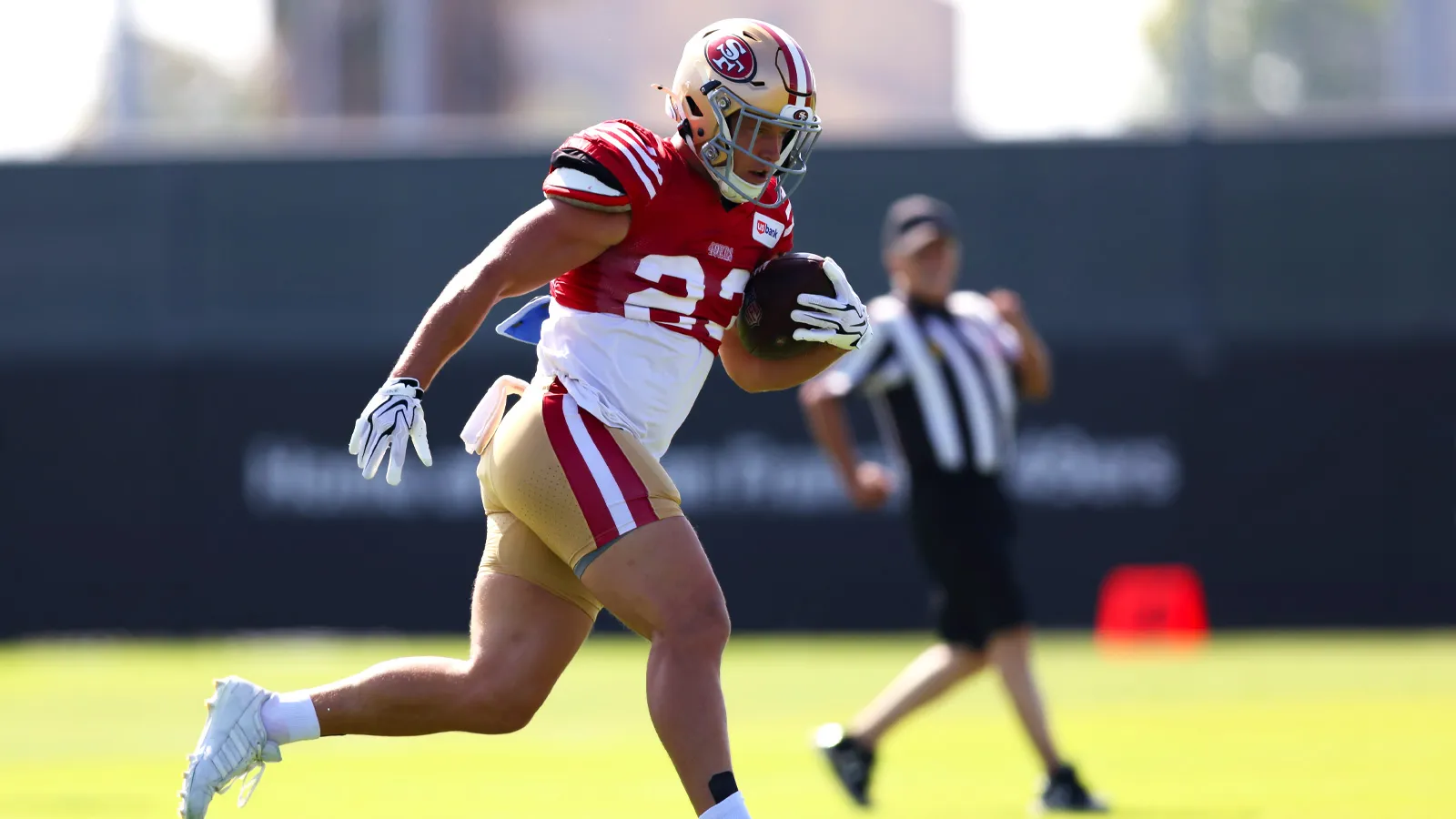 Aug 6, 2026; Santa Clara, CA, USA; San Francisco 49ers running back Christian McCaffrey (23) during training camp at SAP Performance Facility. Mandatory Credit:…