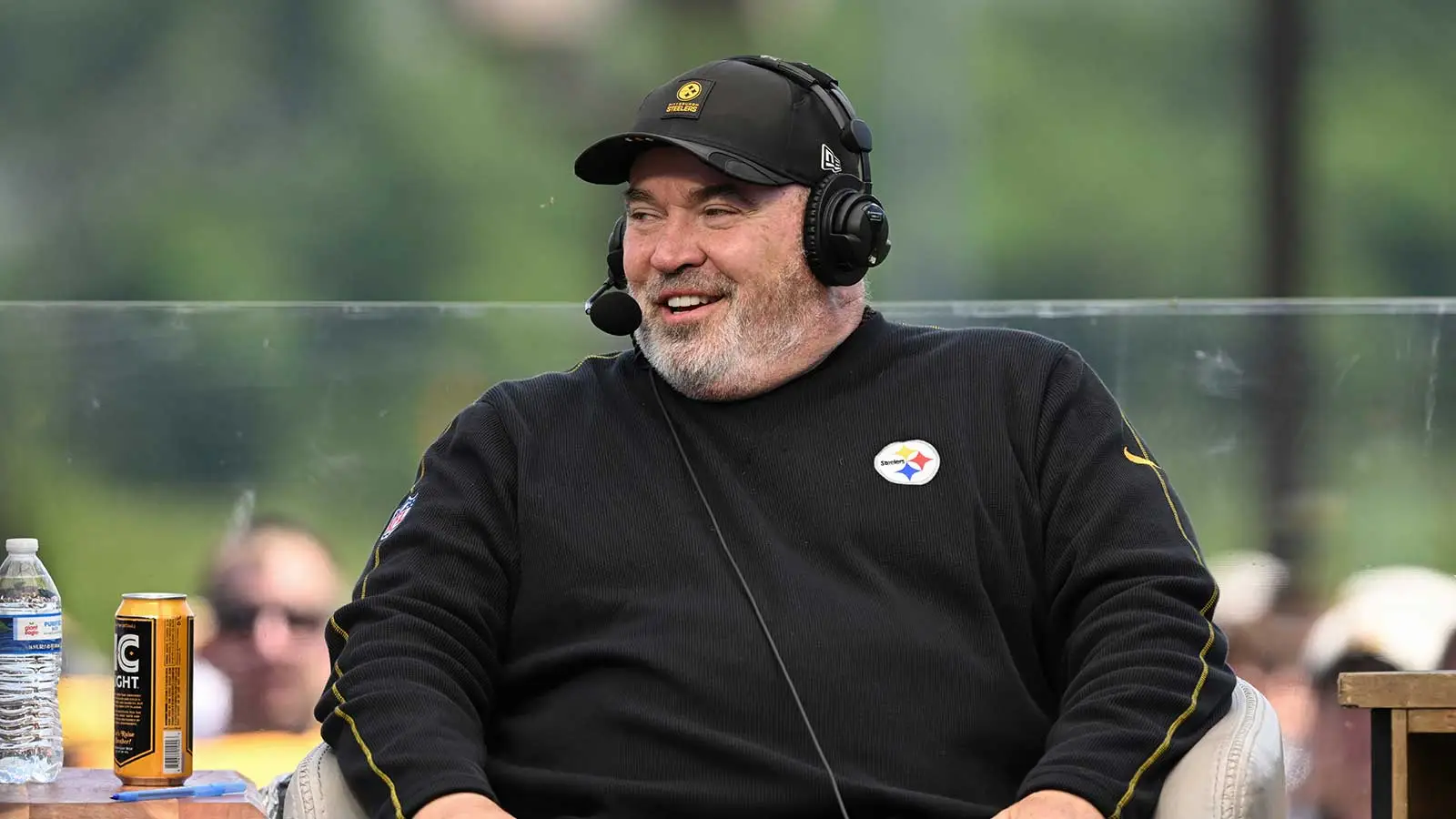 Aug 03, 2026; Latrobe, PA, USA; Pittsburgh Steelers head coach Mike McCarthy is interviewed on The Pat McAfee Show at Pittsburgh Steelers Training camp at Saint…
