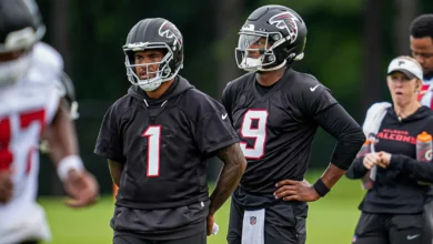 Jun 16, 2026; Atlanta, GA, USA; Atlanta Falcons quarterbacks Tua Tagovailoa (1) and Michael Penix Jr. (9) on the field during Minicamp. Mandatory Credit: Dale Z…