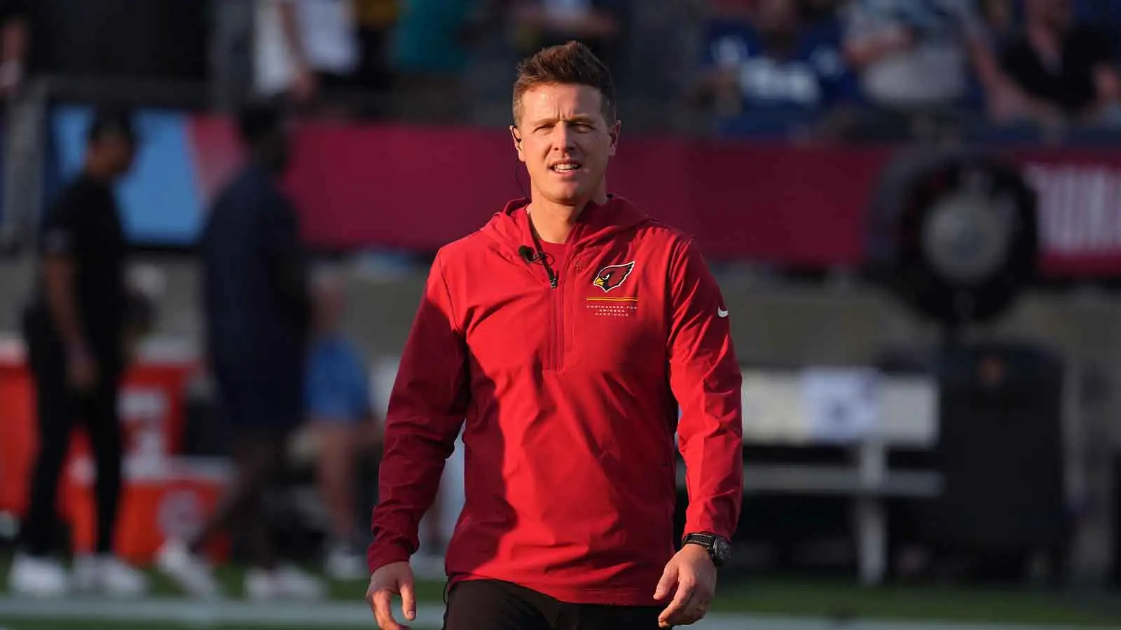 Aug 6, 2026; Canton, Ohio, USA;Arizona Cardinals head coach Mike LaFleur reacts during the game against the Carolina Panthers at Tom Benson Hall of Fame Stadium…