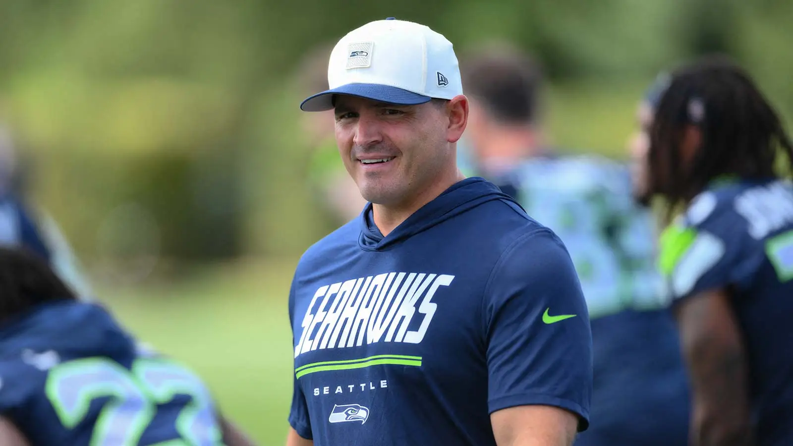 Seattle Seahawks head coach Mike MacDonald during training camp at Virginia Mason Athletic Center. Mandatory Credit: Steven Bisig-Imagn Images