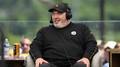 Aug 03, 2026; Latrobe, PA, USA; Pittsburgh Steelers head coach Mike McCarthy is interviewed on The Pat McAfee Show at Pittsburgh Steelers Training camp at Saint…