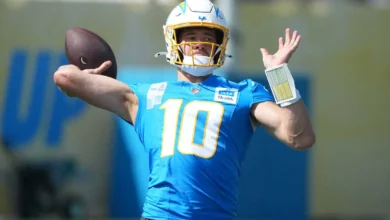 Jul 30, 2026; El Segundo, CA, USA; Los Angeles Chargers quarterback Justin Herbert (10) throws the ball at training camp at The Bolt. Mandatory Credit: Kirby Le…
