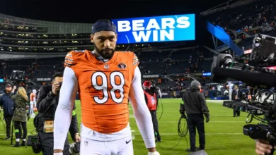 Nov 9, 2023; Chicago, Illinois, USA; Chicago Bears defensive end Montez Sweat (98) walks off the field after a game against the Carolina Panthers at Soldier Fie…