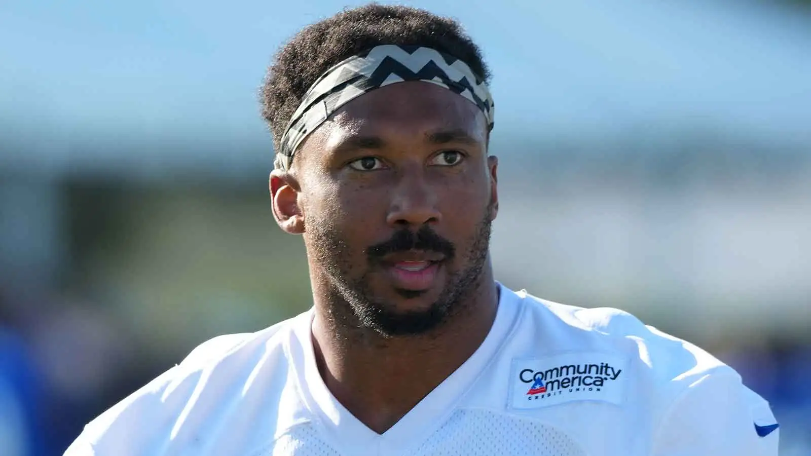 Jul 27, 2026; Westchester, CA, USA; Los Angeles Rams defensive end Myles Garrett (95) during training camp at Loyola Marymount University. Mandatory Credit: Kir…