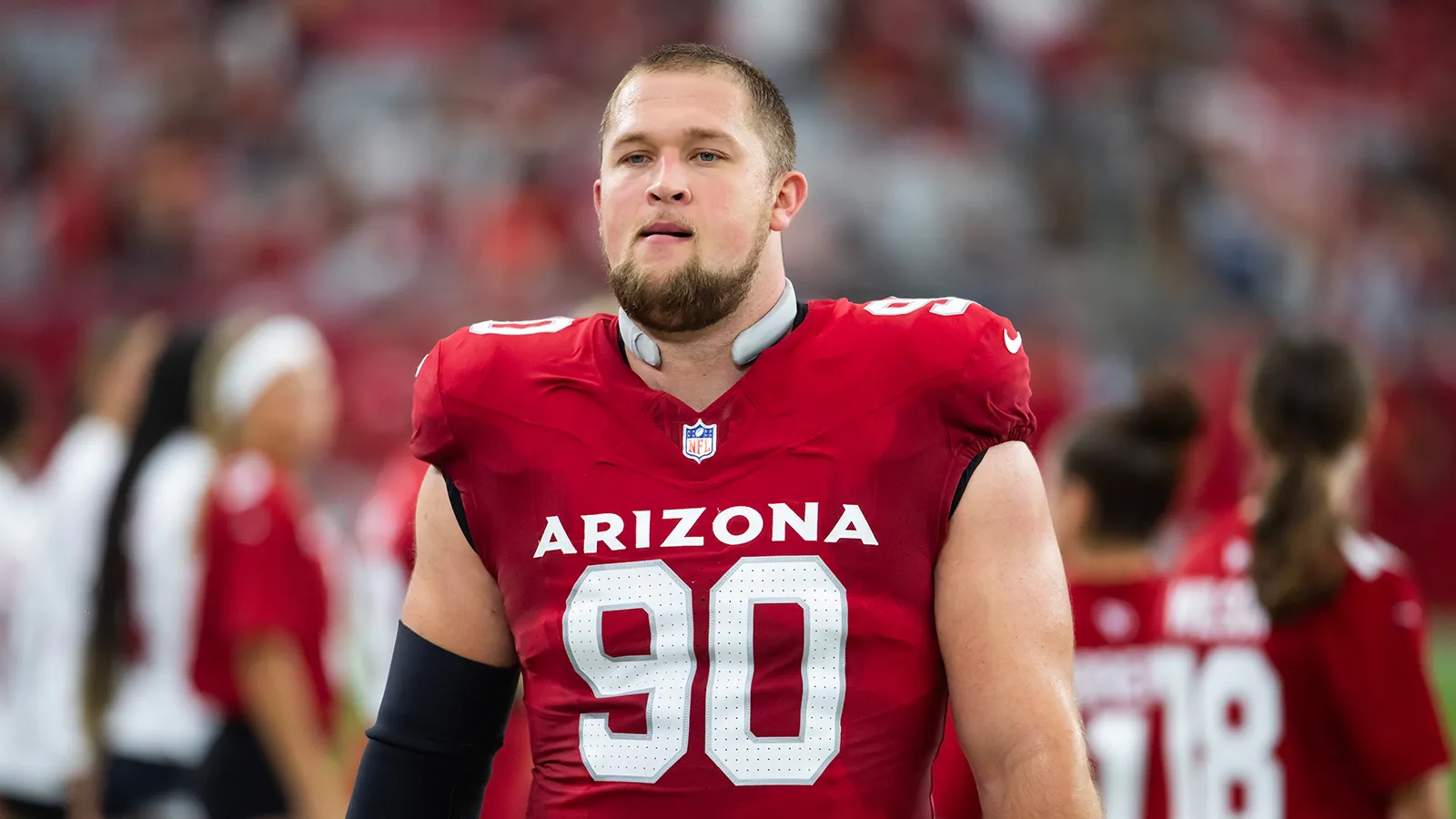 Aug 10, 2024; Glendale, Arizona, USA; Arizona Cardinals defensive end Ben Stille (90) against the New Orleans Saints during a preseason NFL game at State Farm S…