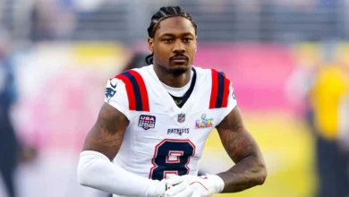 Feb 8, 2026; Santa Clara, CA, USA; New England Patriots wide receiver Stefon Diggs (8) against the Seattle Seahawks during Super Bowl LX at Levi's Stadium. Mand…