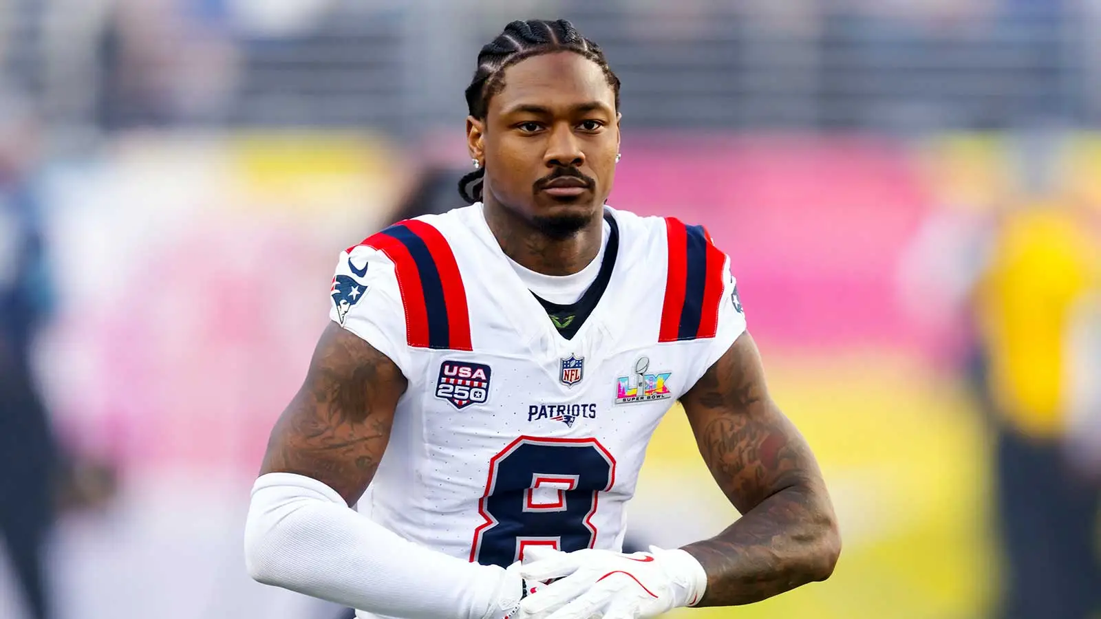 Feb 8, 2026; Santa Clara, CA, USA; New England Patriots wide receiver Stefon Diggs (8) against the Seattle Seahawks during Super Bowl LX at Levi's Stadium. Mand…