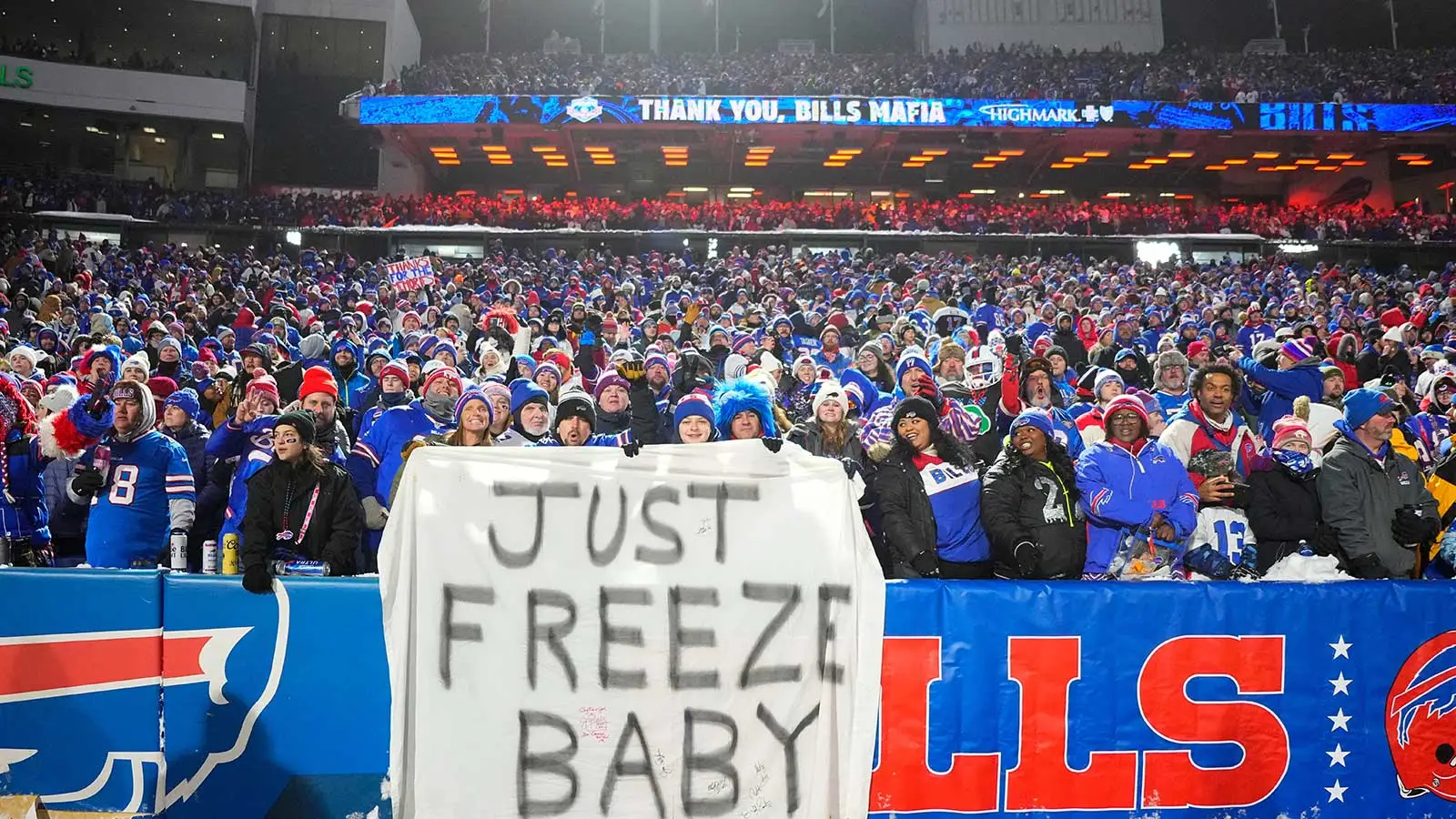 Jan 4, 2026; Orchard Park, New York, USA; Fans remain in the stands after the game between the Buffalo Bills and the New York Jets at Highmark Stadium. Mandator…