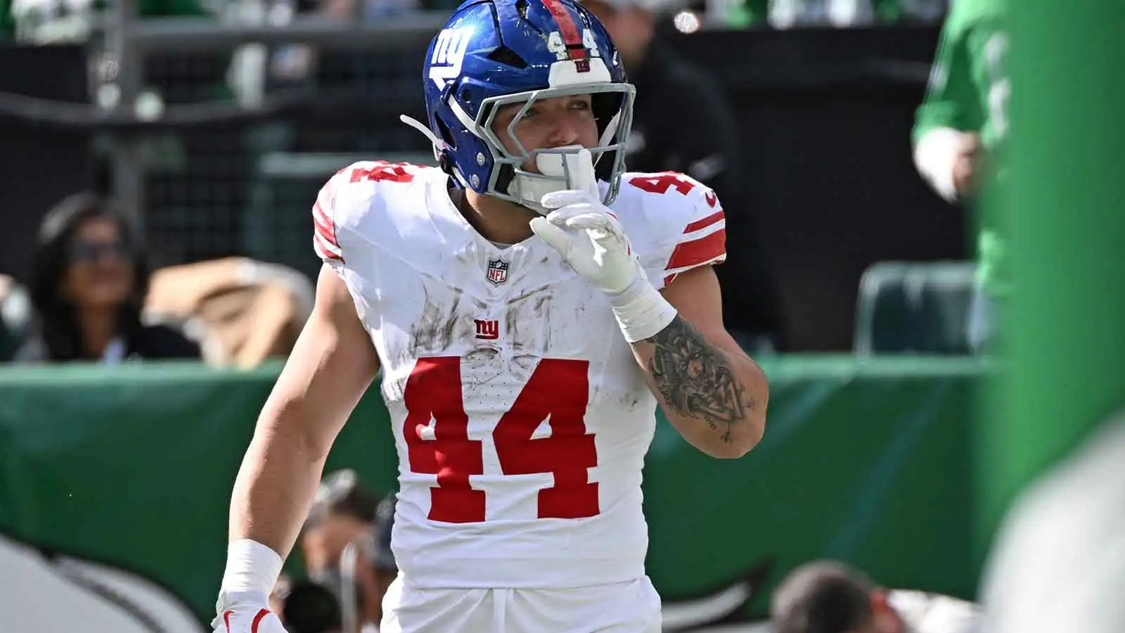 Oct 26, 2025; Philadelphia, Pennsylvania, USA; New York Giants running back Cam Skattebo (44) against the Philadelphia Eagles at Lincoln Financial Field. Mandat…