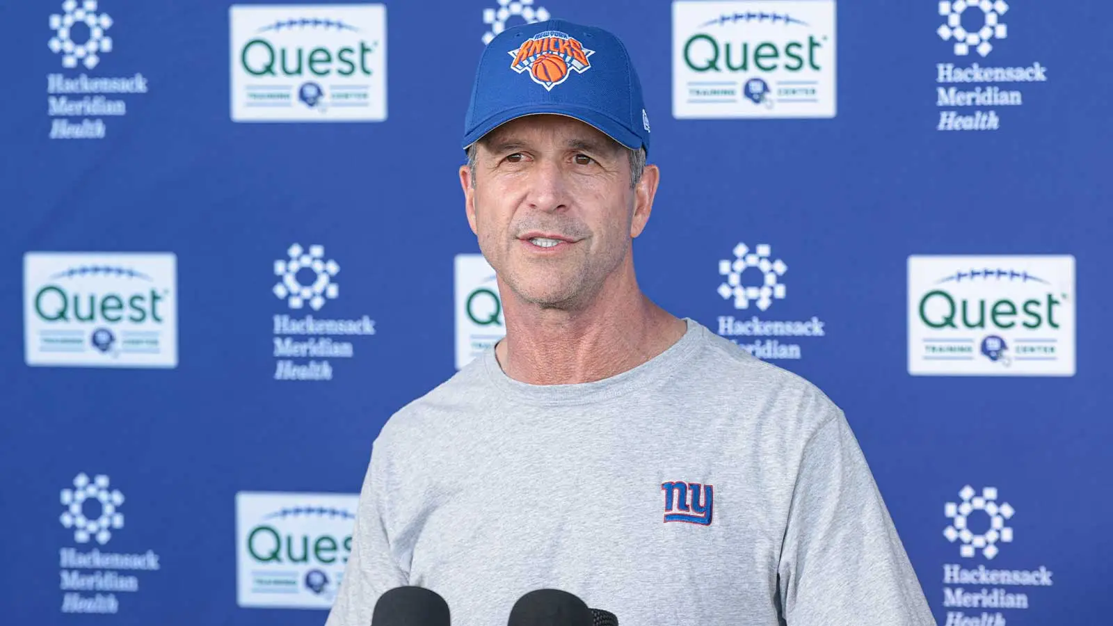 Jun 3, 2026; East Rutherford, NJ, USA; New York Giants head coach John Harbaugh talks with media after organized team activities at Quest Diagnostics Training C…