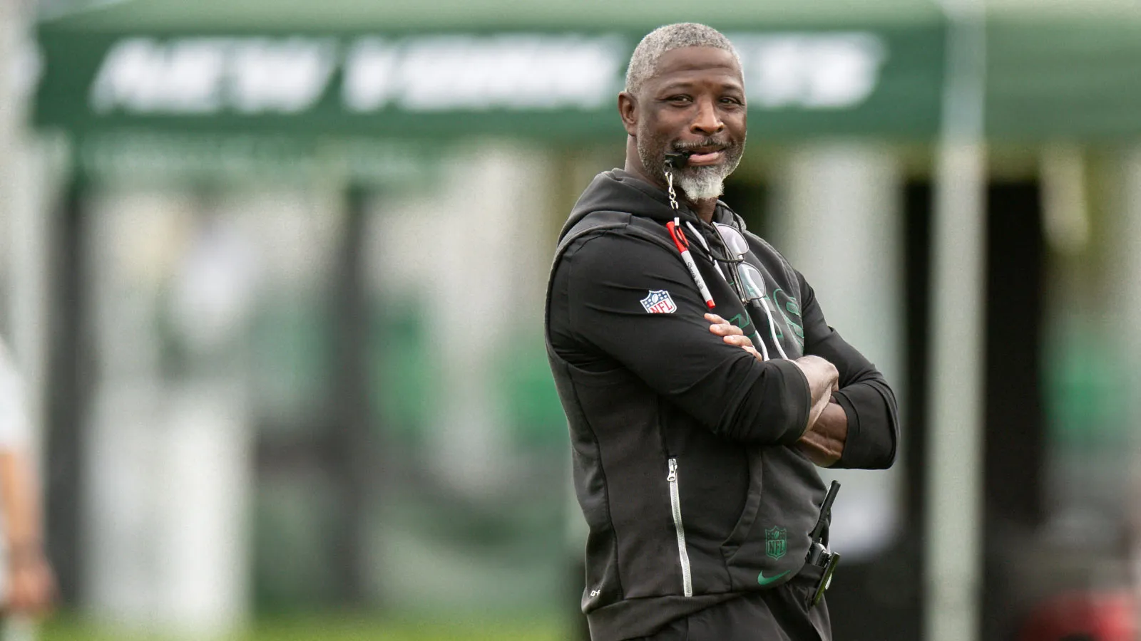 Jul 30, 2026; Florham Park, NJ, USA; New York Jets head coach Aaron Glenn looks on during training camp at Atlantic Health Jets Training Center. Mandatory Credi…